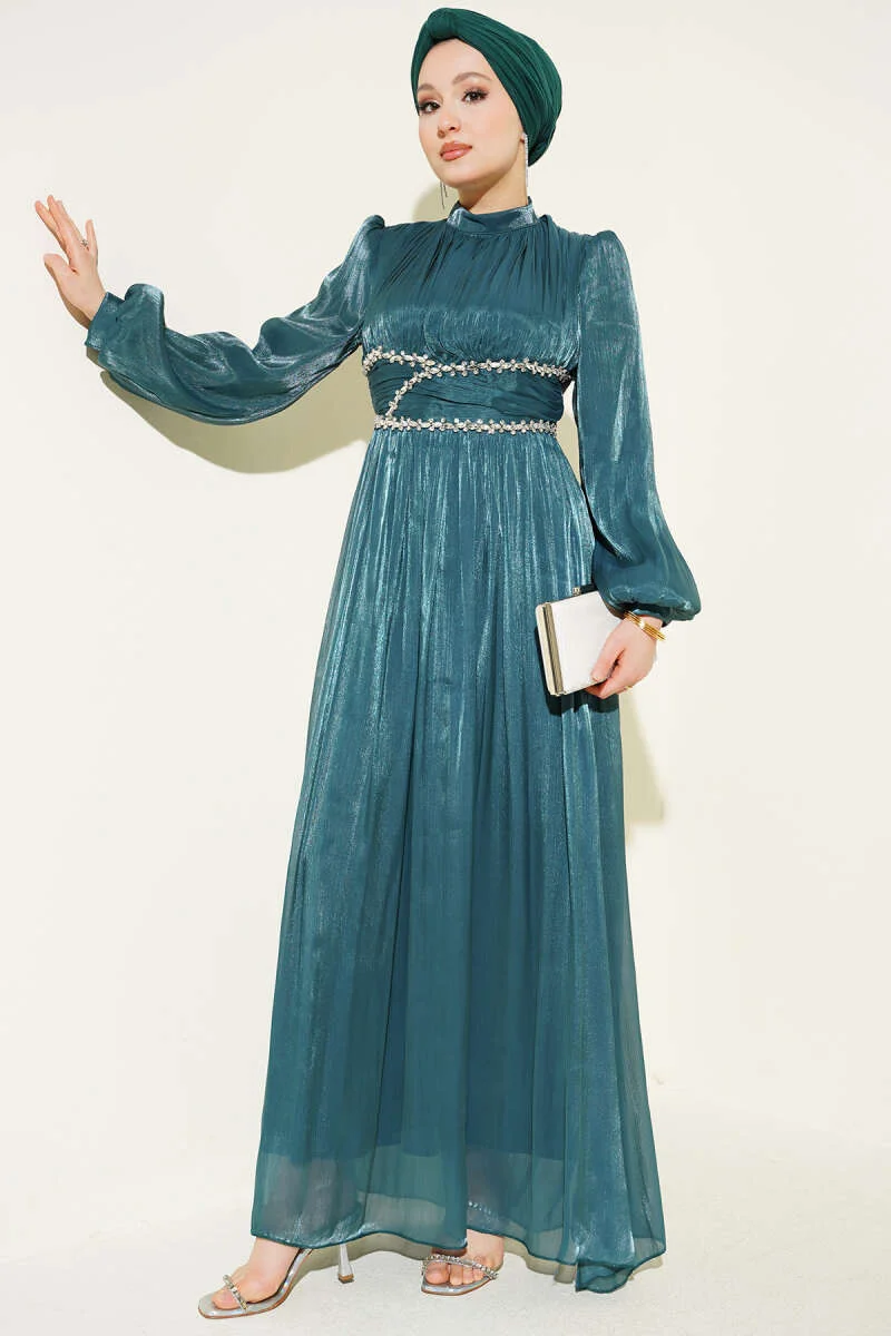 Belted Embellished Gathered Evening Dress Emerald wholesale dress - Hicabistan Turkey factory
