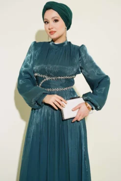 Belted Embellished Gathered Evening Dress Emerald wholesale dress view 2 - Hicabistan Turkey factory