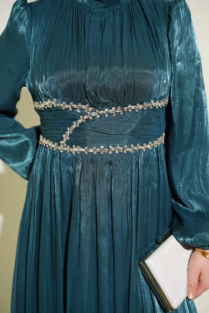 Belted Embellished Gathered Evening Dress Emerald wholesale dress view 4 - Hicabistan Turkey factory