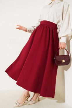 Belted Zippered Pocket Flared Skirt Burgundy بالجملة skirt - Hicabistan مصنع تركيا