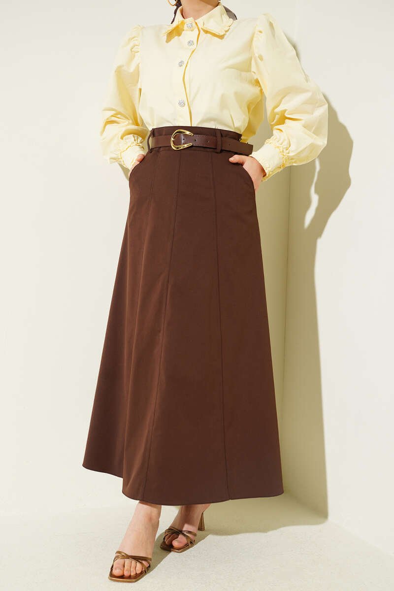 Zippered Belted Stitched Skirt Brown wholesale skirt - Hicabistan Turkey factory