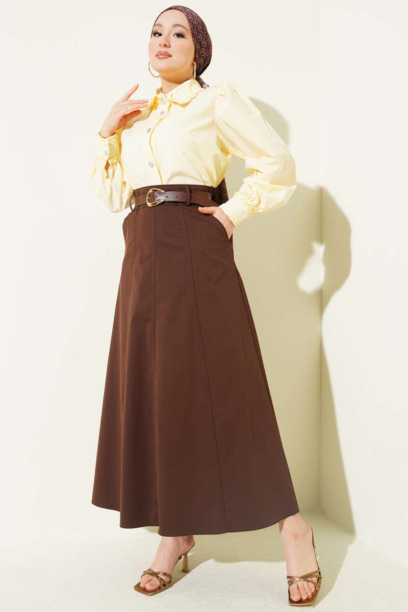 Zippered Belted Stitched Skirt Brown wholesale skirt view 2 - Hicabistan Turkey factory