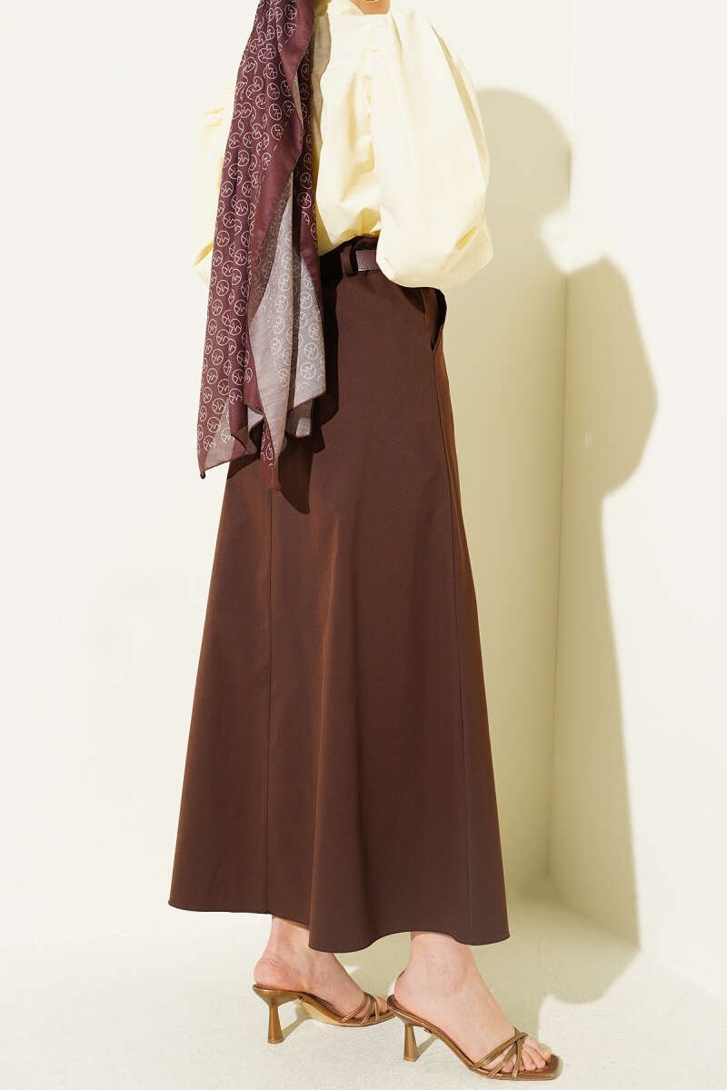 Zippered Belted Stitched Skirt Brown wholesale skirt view 3 - Hicabistan Turkey factory