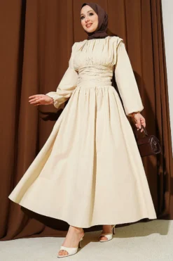 Belted Flared Dress Beige