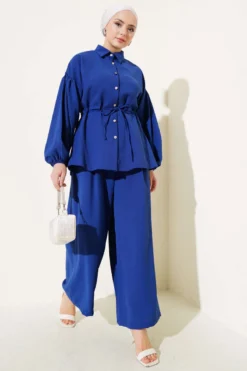 Belted Balloon Sleeve Two-Piece Set Indigo