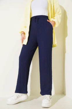 Belted Embossed Pants Navy Blue