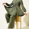 Belted Stone Button Tunic Set Khaki