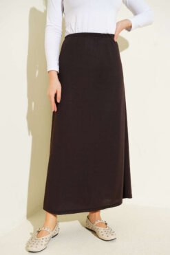 Belted Detail Slip Skirt Brown wholesale skirt view 2 - Hicabistan Turkey factory