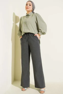 Alternative view of Elastic Waistband Tied Wide Leg Pants Anthracite