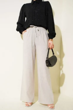 Elastic Waistband Tied Wide Leg Pants Beige