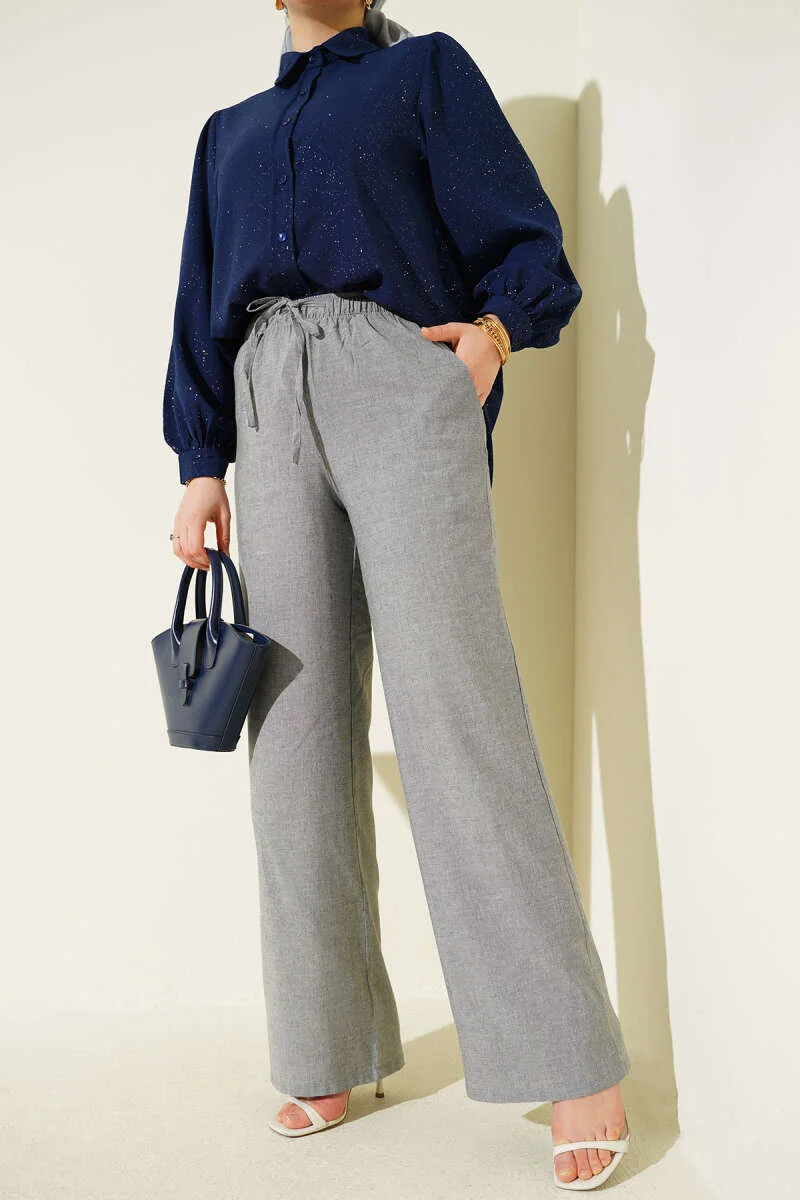 Elastic Waistband Tied Wide Leg Pants Grey