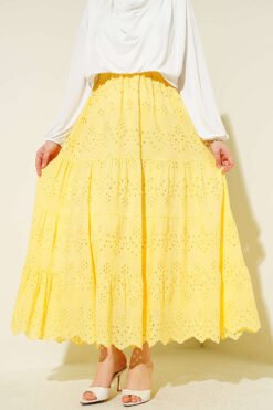 Elastic Waist Brocade Tiered Flared Skirt Yellow wholesale skirt - Hicabistan Turkey factory