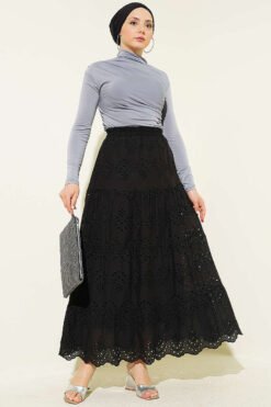 Elastic Waist Brocade Tiered Flared Skirt Black wholesale skirt view 2 - Hicabistan Turkey factory