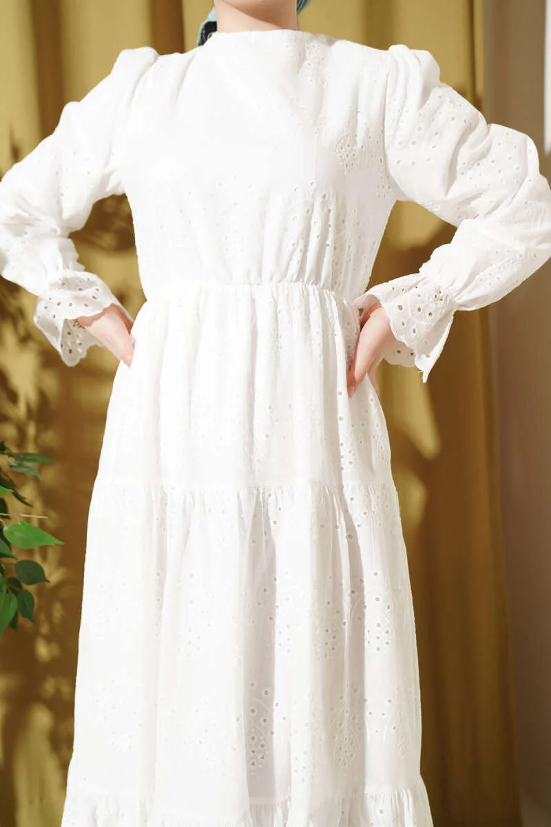 Dress with Belt and Embroidery White en gros dress view 4 - Hicabistan usine Turquie