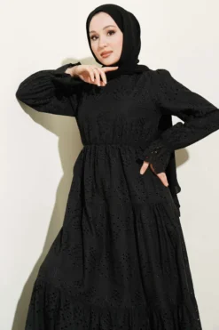 Dress with Belt and Embroidery Black all'ingrosso dress view 2 - Hicabistan fabbrica Turchia