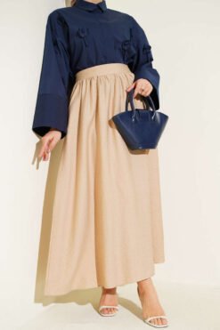 Elastic Waist Drawstring Flared Skirt Beige groothandel skirt - Hicabistan Turkije fabriek