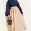 Elastic Waist Drawstring Flared Skirt Beige wholesale skirt view 2 - Hicabistan Turkey factory