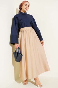 Elastic Waist Drawstring Flared Skirt Beige groothandel skirt view 2 - Hicabistan Turkije fabriek