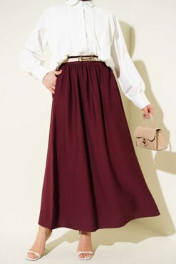 Elastic Waist Drawstring Flared Skirt Burgundy groothandel skirt - Hicabistan Turkije fabriek