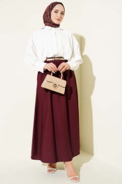 Elastic Waist Drawstring Flared Skirt Burgundy groothandel skirt view 2 - Hicabistan Turkije fabriek