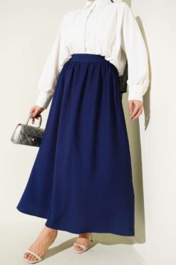 Elastic Waist Drawstring Flared Skirt Navy Blue groothandel skirt - Hicabistan Turkije fabriek
