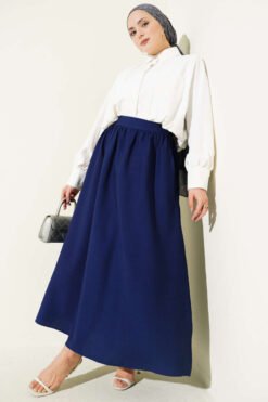Elastic Waist Drawstring Flared Skirt Navy Blue groothandel skirt view 2 - Hicabistan Turkije fabriek