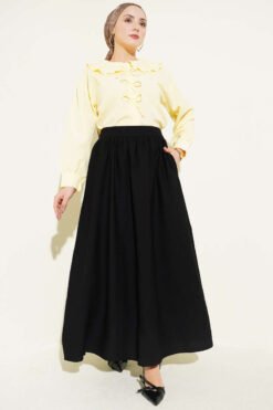 Elastic Waist Drawstring Flared Skirt Black groothandel skirt view 2 - Hicabistan Turkije fabriek