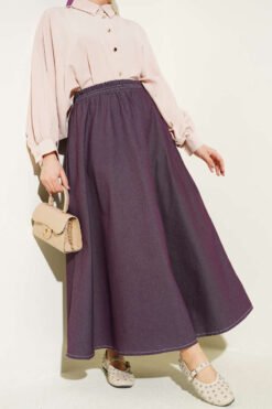 Belted Pocket Detail Denim Skirt Plum groothandel skirt - Hicabistan Turkije fabriek