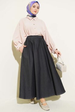 Belted Pocket Detail Denim Skirt Black groothandel skirt view 2 - Hicabistan Turkije fabriek