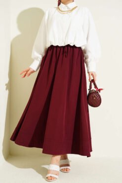 Elastic Waist Pocket Tencel Skirt Burgundy wholesale skirt - Hicabistan Turkey factory