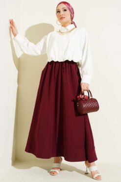 Elastic Waist Pocket Tencel Skirt Burgundy wholesale skirt view 2 - Hicabistan Turkey factory