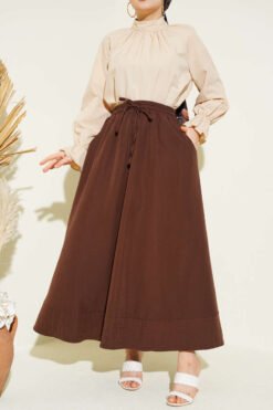 Elastic Waist Pocket Tencel Skirt Brown wholesale skirt - Hicabistan Turkey factory