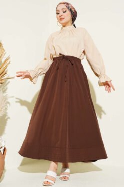 Elastic Waist Pocket Tencel Skirt Brown wholesale skirt view 2 - Hicabistan Turkey factory