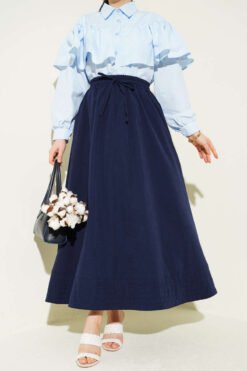 Elastic Waist Pocket Tencel Skirt Navy Blue wholesale skirt - Hicabistan Turkey factory