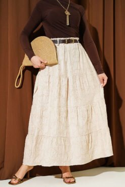 Elastic Waist Floral Embroidery Tiered Skirt Beige wholesale skirt - Hicabistan Turkey factory