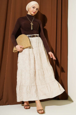 Elastic Waist Floral Embroidery Tiered Skirt Beige wholesale skirt view 2 - Hicabistan Turkey factory