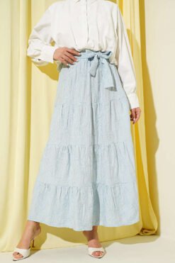 Elastic Waist Floral Embroidery Tiered Skirt Blue wholesale skirt - Hicabistan Turkey factory