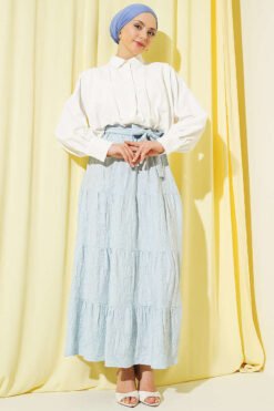 Elastic Waist Floral Embroidery Tiered Skirt Blue wholesale skirt view 2 - Hicabistan Turkey factory