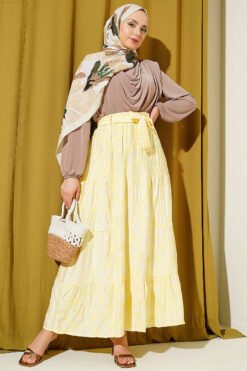 Elastic Waist Floral Embroidery Tiered Skirt Yellow wholesale skirt view 2 - Hicabistan Turkey factory