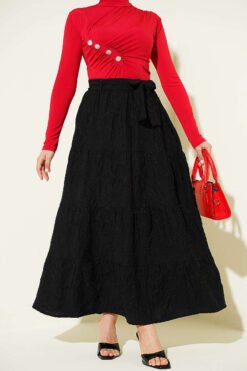 Elastic Waist Floral Embroidery Tiered Skirt Black wholesale skirt - Hicabistan Turkey factory
