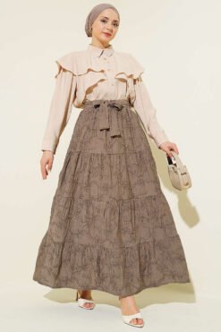 Elastic Waist Floral Embroidery Tiered Skirt Mink wholesale skirt view 2 - Hicabistan Turkey factory