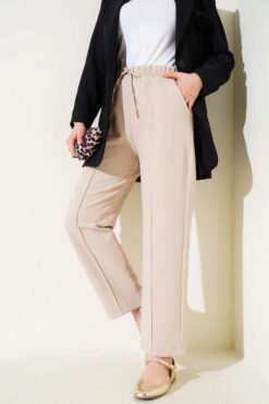 Elastic Waist Wide Leg Pants Beige