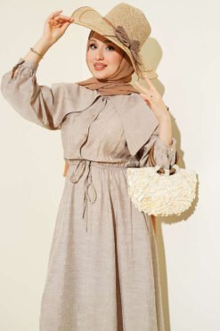 Buttoned Sailor Collar Dress with Belted Waist Beige