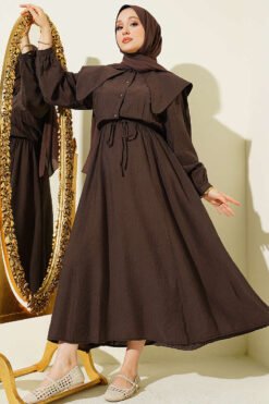 Buttoned Sailor Collar Dress with Belted Waist Brown