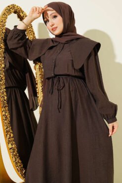 منظر بديل لـ Buttoned Sailor Collar Dress with Belted Waist Brown