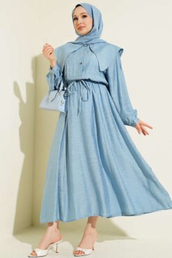 Buttoned Sailor Collar Dress with Belted Waist Blue