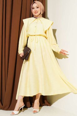Buttoned Sailor Collar Dress with Belted Waist Yellow