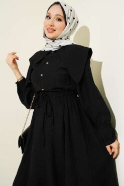 منظر بديل لـ Buttoned Sailor Collar Dress with Belted Waist Black