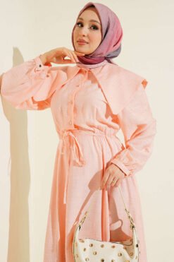 منظر بديل لـ Buttoned Sailor Collar Dress with Belted Waist Salmon