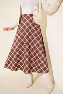 Elastic Waist Plaid Scuba Skirt Brown بالجملة skirt - Hicabistan مصنع تركيا